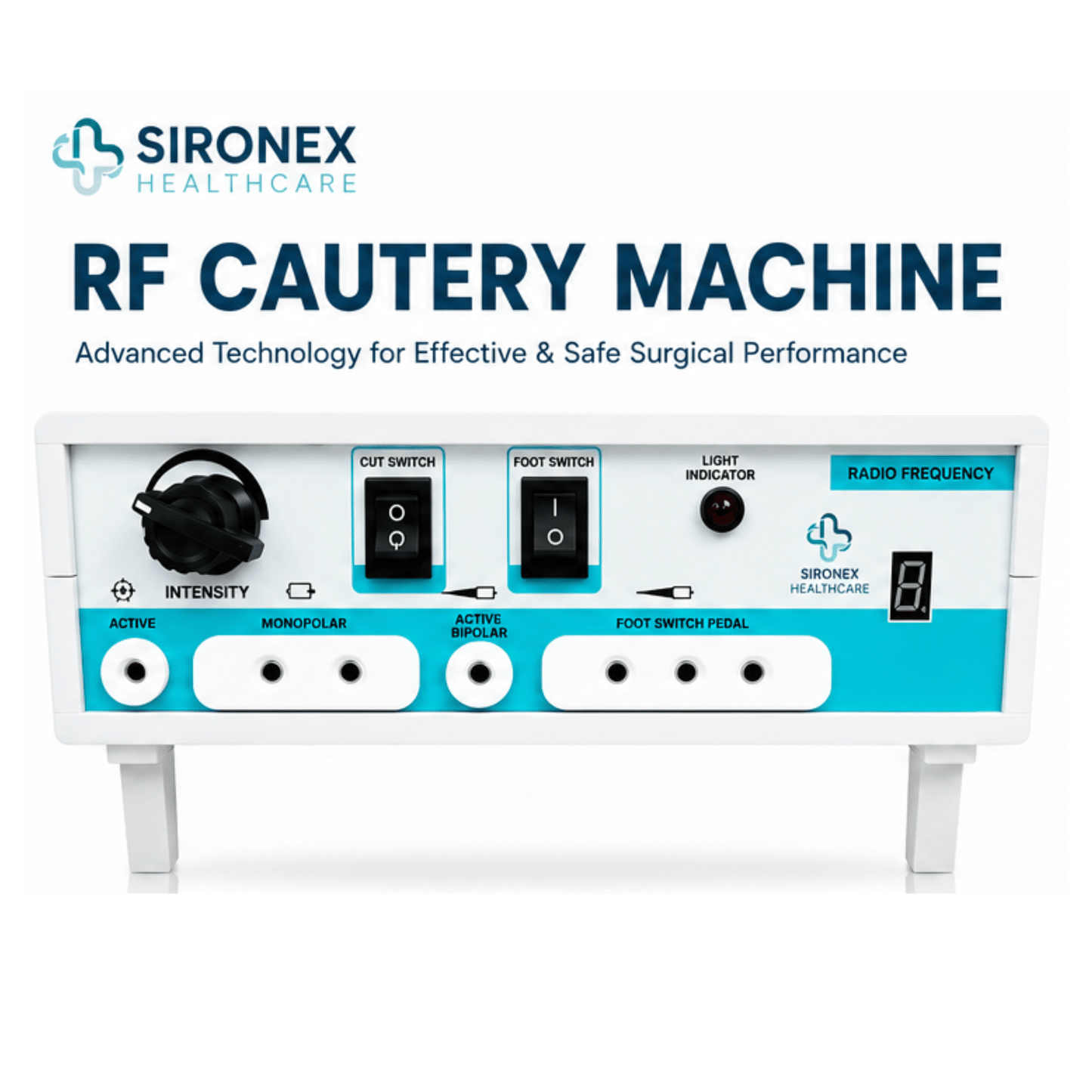 Sironex RF cautery machine electrosurgical unit with radio frequency technology designed for precise surgical cutting and coagulation procedures. Advanced medical generator for hospitals, clinics, operating rooms, and professional surgical applications with reliable energy delivery and modern digital control system.