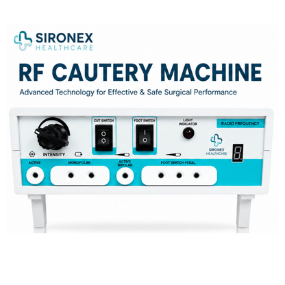 Sironex RF cautery machine electrosurgical unit with radio frequency technology designed for precise surgical cutting and coagulation procedures. Advanced medical generator for hospitals, clinics, operating rooms, and professional surgical applications with reliable energy delivery and modern digital control system.