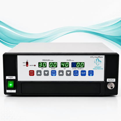 Main Product Image
SIRONEX SIB 40 L 40 LPM CO2 Insufflator for Laparoscopic Surgery
Front Product Image
SIRONEX SIB 40 L CO2 Insufflator with LED Display and Touch Keypad
Control Panel
SIRONEX SIB 40 L CO2 Insufflator Pressure and Flow Control Panel
Technical Specification Image
SIRONEX SIB 40 L 40 LPM CO2 Insufflator Technical Specifications
Display Image
SIRONEX SIB 40 L CO2 Insufflator Seven Segment LED Display
Laparoscopy Application Image
SIRONEX SIB 40 L CO2 Insufflation System for Laparoscopic Proced
