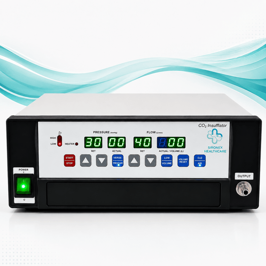 Main Product Image
SIRONEX SIB 40 L 40 LPM CO2 Insufflator for Laparoscopic Surgery
Front Product Image
SIRONEX SIB 40 L CO2 Insufflator with LED Display and Touch Keypad
Control Panel
SIRONEX SIB 40 L CO2 Insufflator Pressure and Flow Control Panel
Technical Specification Image
SIRONEX SIB 40 L 40 LPM CO2 Insufflator Technical Specifications
Display Image
SIRONEX SIB 40 L CO2 Insufflator Seven Segment LED Display
Laparoscopy Application Image
SIRONEX SIB 40 L CO2 Insufflation System for Laparoscopic Proced