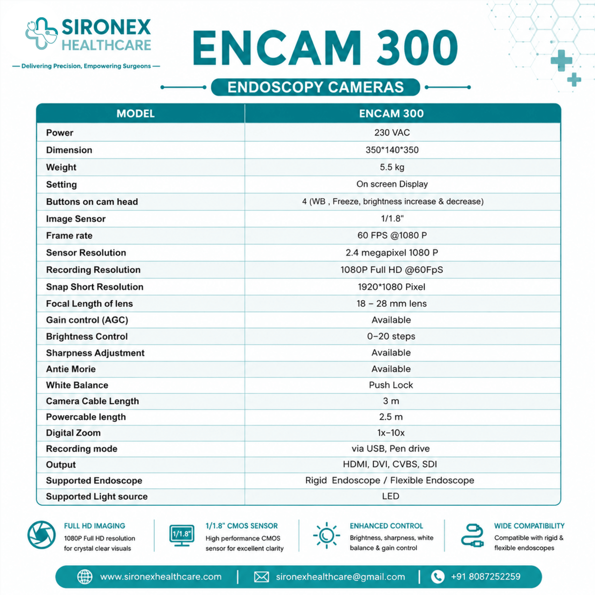 SIRONEX ENCAM 300 1080P Full HD Endoscopy Camera System | 60 FPS