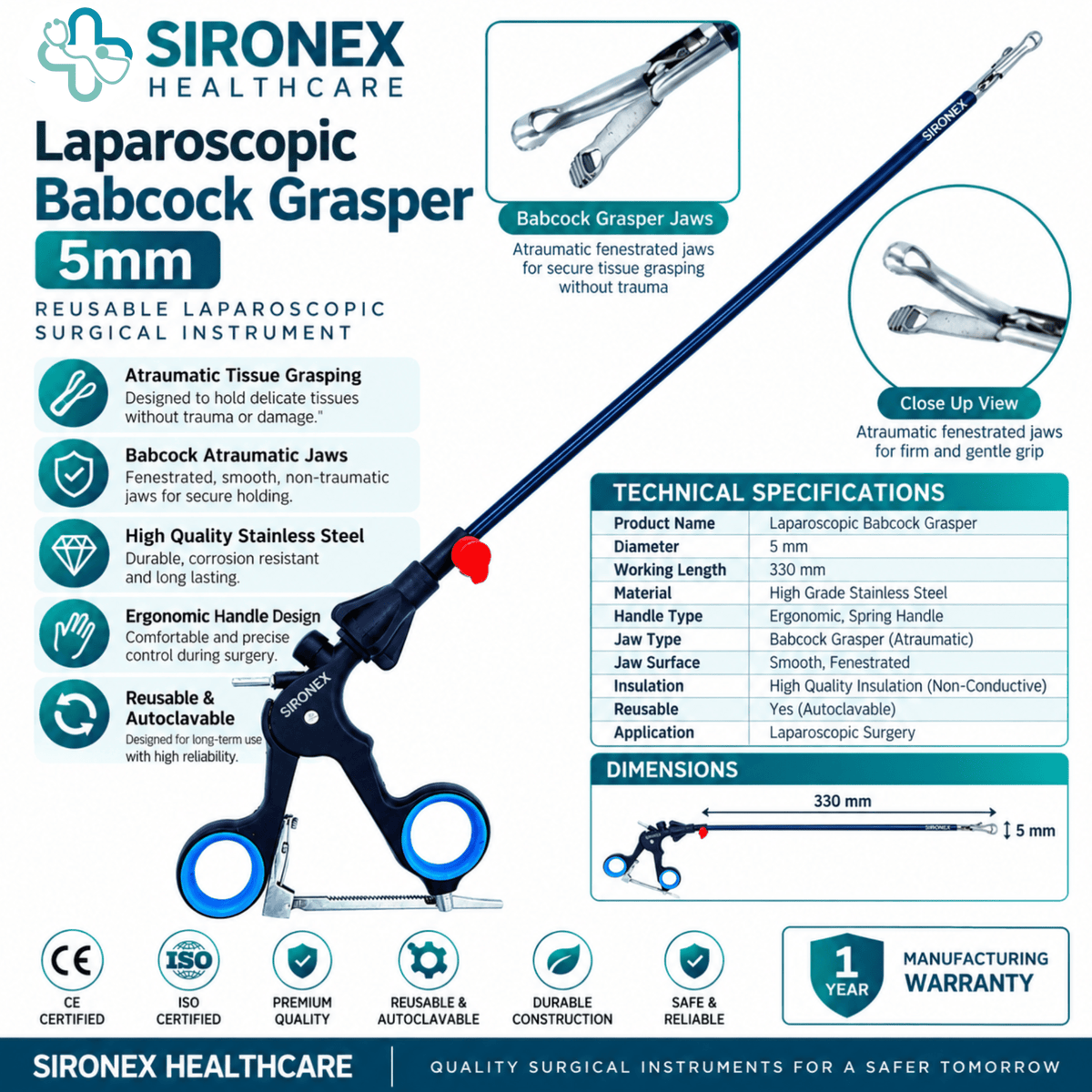 Main Product Image
SIRONEX Laparoscopic Babcock Grasper 5mm Reusable Surgical Forceps
Full Instrument
SIRONEX 5mm 330mm Laparoscopic Babcock Grasper Surgical Instrument
Jaw Close-Up
SIRONEX Laparoscopic Babcock Grasper Atraumatic Jaw Close Up
Handle Detail
SIRONEX Laparoscopic Babcock Grasper Ergonomic Ring Handle
Product Detail
SIRONEX 5mm Laparoscopic Babcock Atraumatic Tissue Grasper