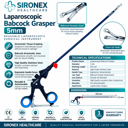 Main Product Image
SIRONEX Laparoscopic Babcock Grasper 5mm Reusable Surgical Forceps
Full Instrument
SIRONEX 5mm 330mm Laparoscopic Babcock Grasper Surgical Instrument
Jaw Close-Up
SIRONEX Laparoscopic Babcock Grasper Atraumatic Jaw Close Up
Handle Detail
SIRONEX Laparoscopic Babcock Grasper Ergonomic Ring Handle
Product Detail
SIRONEX 5mm Laparoscopic Babcock Atraumatic Tissue Grasper