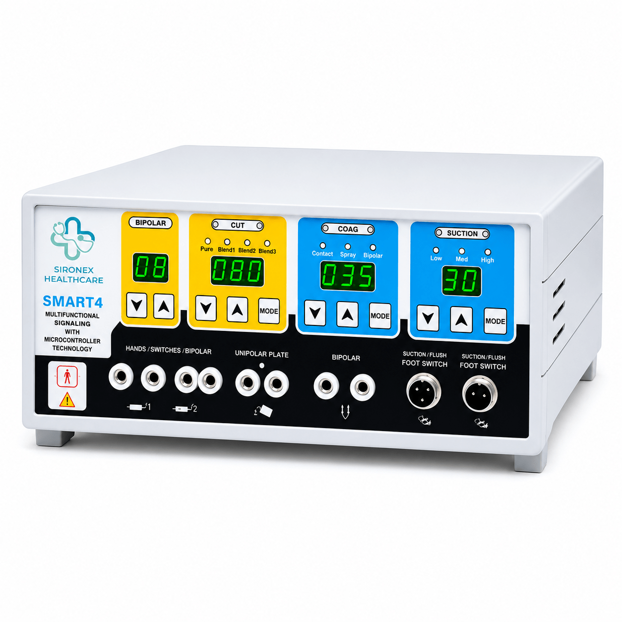 Sironex SMART-4 400W digital electrosurgical generator unit designed for precision tissue cutting, coagulation, desiccation, and advanced surgical procedures. High-frequency cautery machine with monopolar and bipolar functionality for hospitals, operating rooms, surgical centers, medical colleges, and professional healthcare applications.