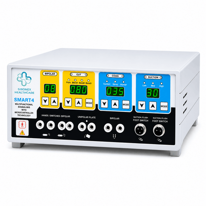 Sironex SMART-4 400W digital electrosurgical generator unit designed for precision tissue cutting, coagulation, desiccation, and advanced surgical procedures. High-frequency cautery machine with monopolar and bipolar functionality for hospitals, operating rooms, surgical centers, medical colleges, and professional healthcare applications.