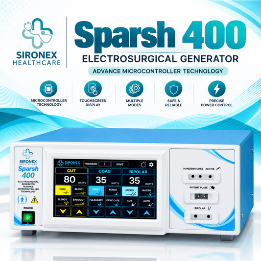 Sironex Sparsh 400 advanced electrosurgical generator 400W digital cautery machine designed for precision cutting, coagulation, and high-frequency surgical applications. Professional healthcare equipment with intelligent energy control for hospitals, operating rooms, surgical centers, medical colleges, and minimally invasive procedures.