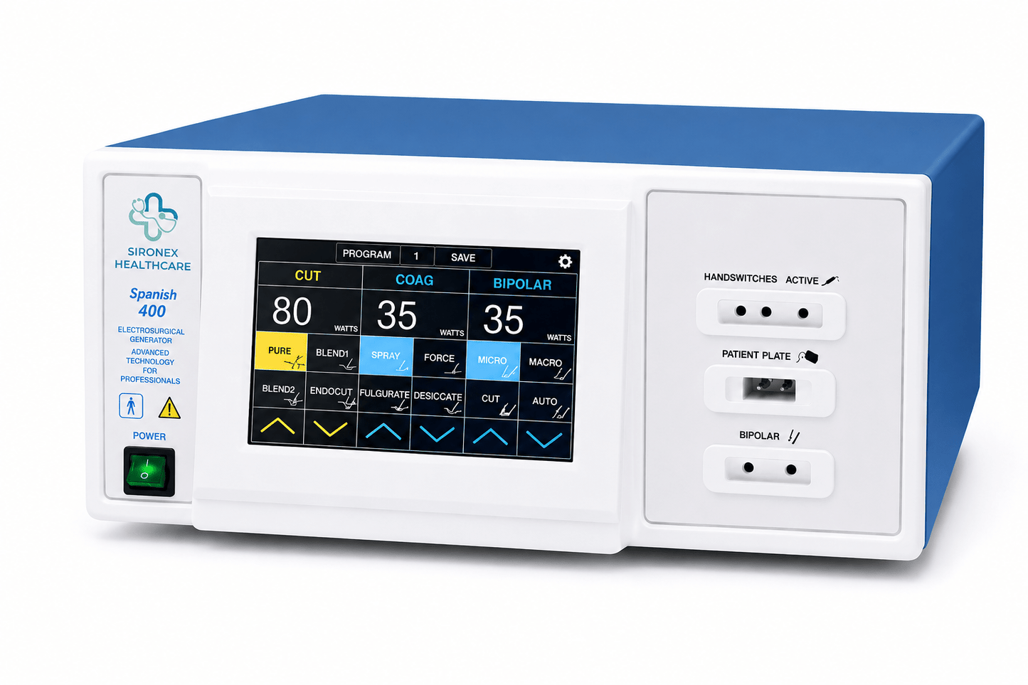 Sironex Sparsh 400 advanced electrosurgical generator 400W digital cautery machine designed for precision cutting, coagulation, and high-frequency surgical applications. Professional healthcare equipment with intelligent energy control for hospitals, operating rooms, surgical centers, medical colleges, and minimally invasive procedures.
