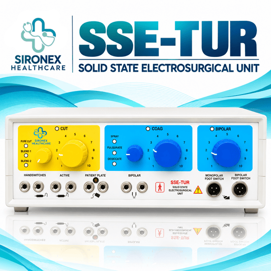 SIRONEX Healthcare SSE-TUR 400W analog electrosurgical generator with rotary dial controls, three monopolar cutting modes, three coagulation modes, and bipolar function.