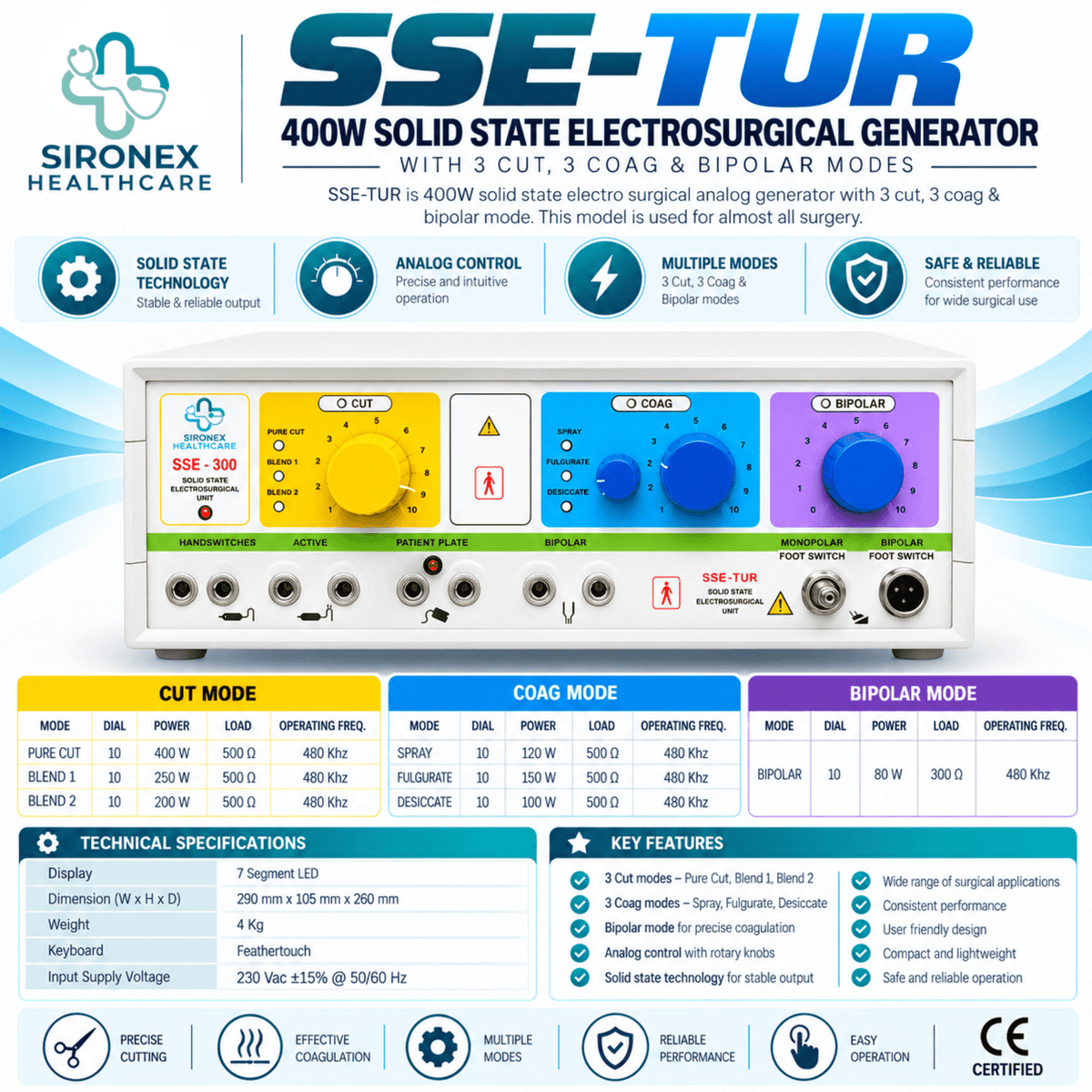 SSE-TUR 400W Electrosurgical Generator Monopolar Cut Coagulation & Bipolar Cautery Machine