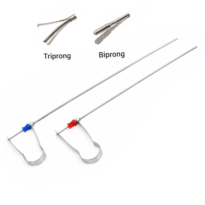 Sironex URS triprong and biprong forceps reusable urology surgical instrument designed for kidney stone retrieval, ureter stone extraction, foreign body removal, and endourology procedures. Surgical-grade stainless steel autoclavable stone retrieval forceps for ureteroscopy, RIRS, hospitals, urology clinics, medical colleges, and surgical training centers.
